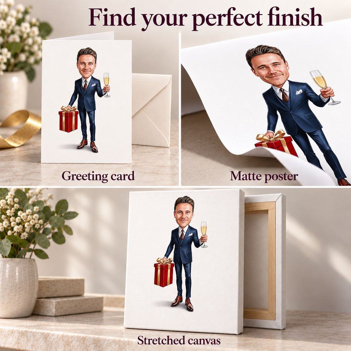 Close views of greeting card, matte poster prints, and stretched canvas edges