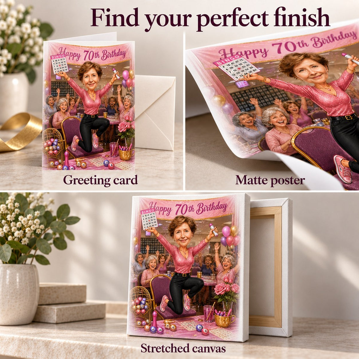Close-up of greeting card, matte poster, and stretched canvas finishes with vibrant colors.