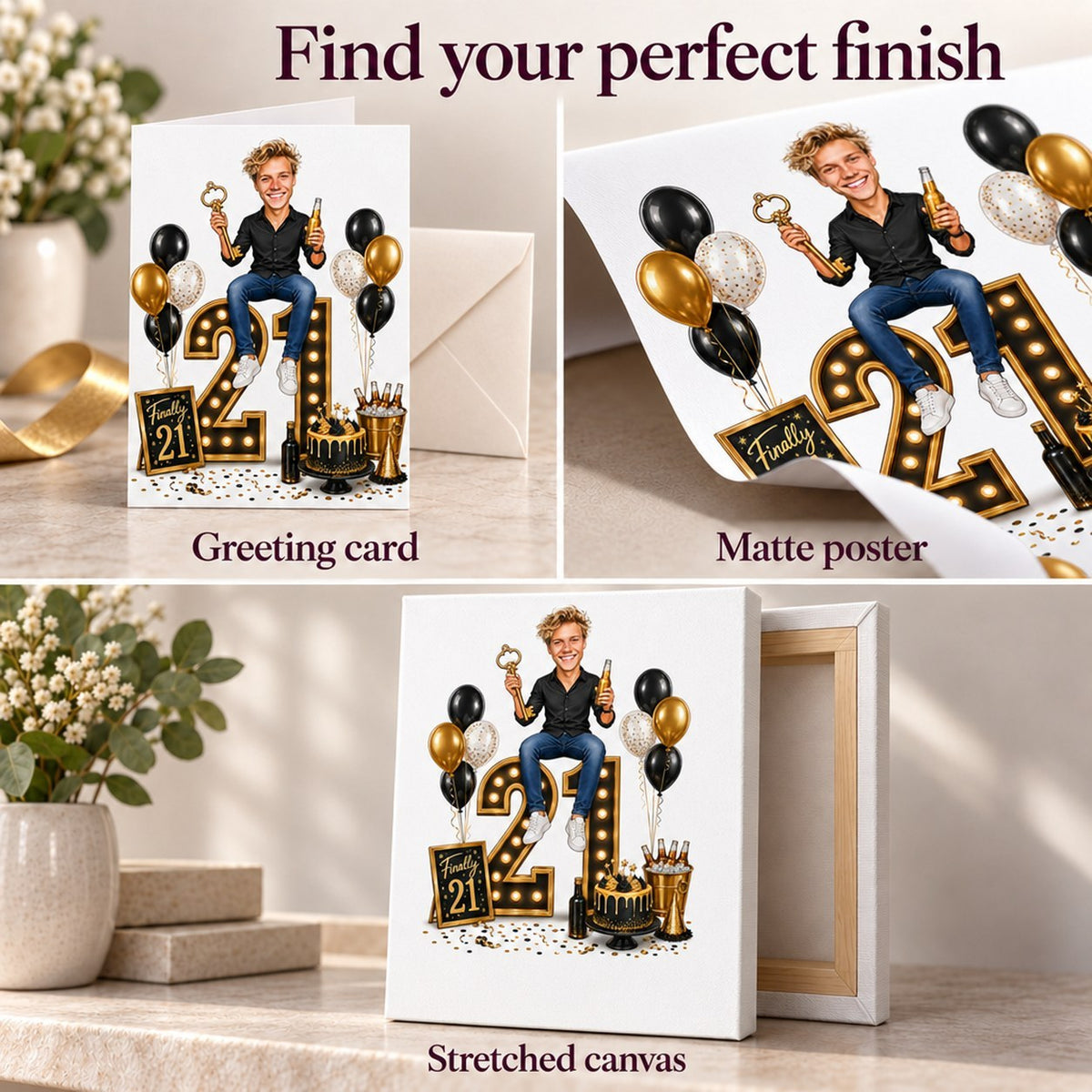 Matte poster, stretched canvas, and 5x7 greeting card with envelope options