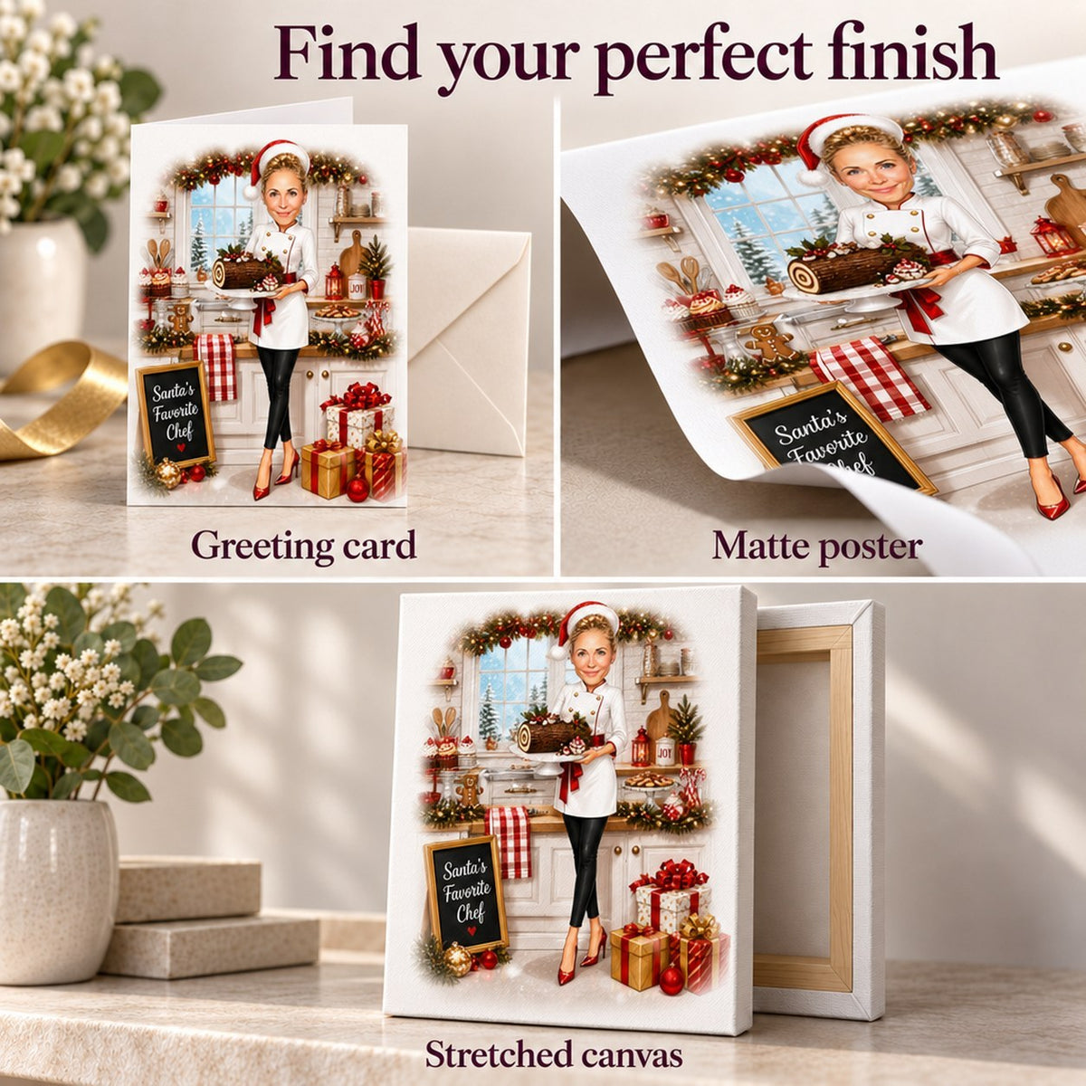 Greeting card, matte poster, and stretched canvas options for personalized Christmas chef art