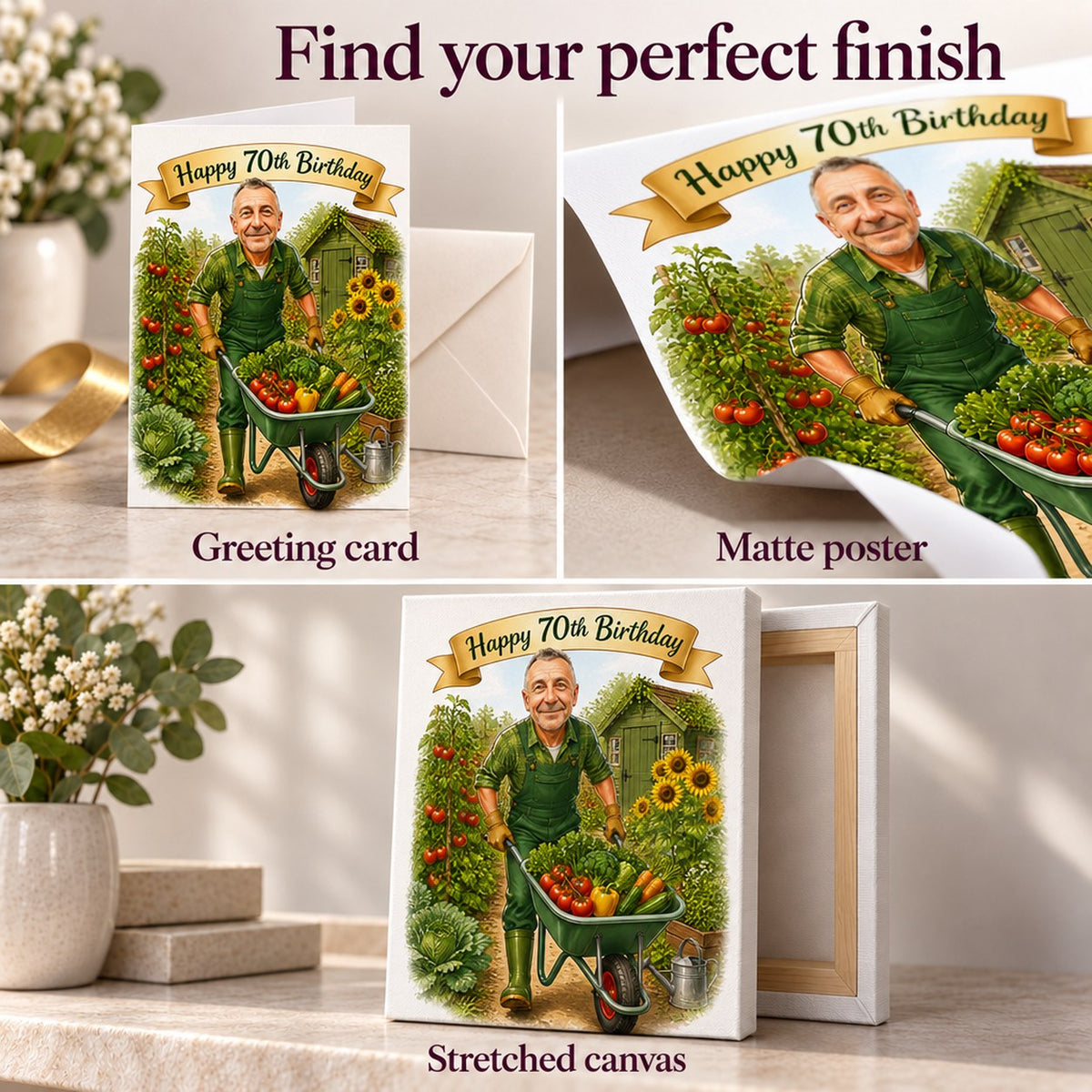 Greeting card, matte poster, and stretched canvas finishes with crisp illustrated details.