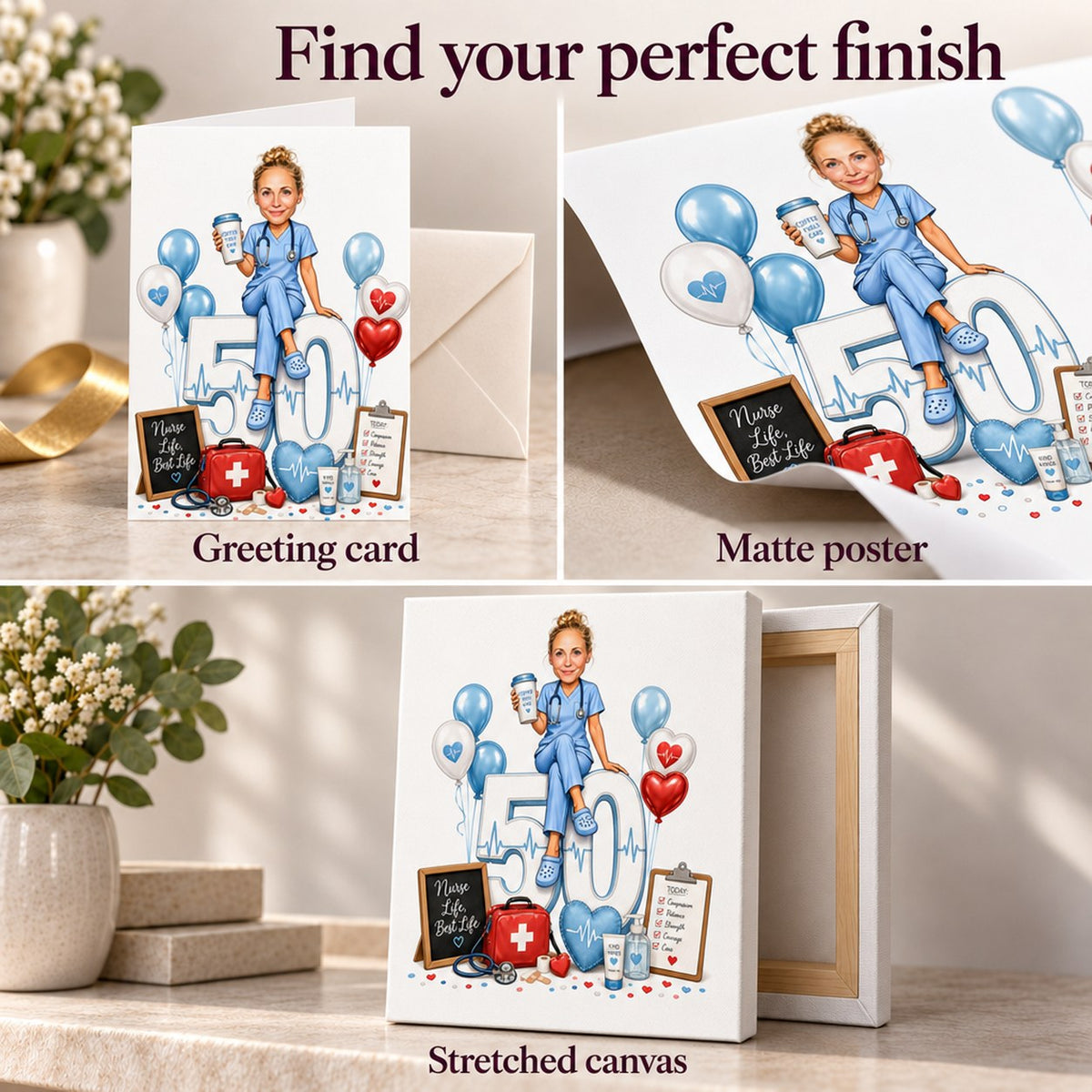 Greeting card, matte poster, and stretched canvas finish details side by side