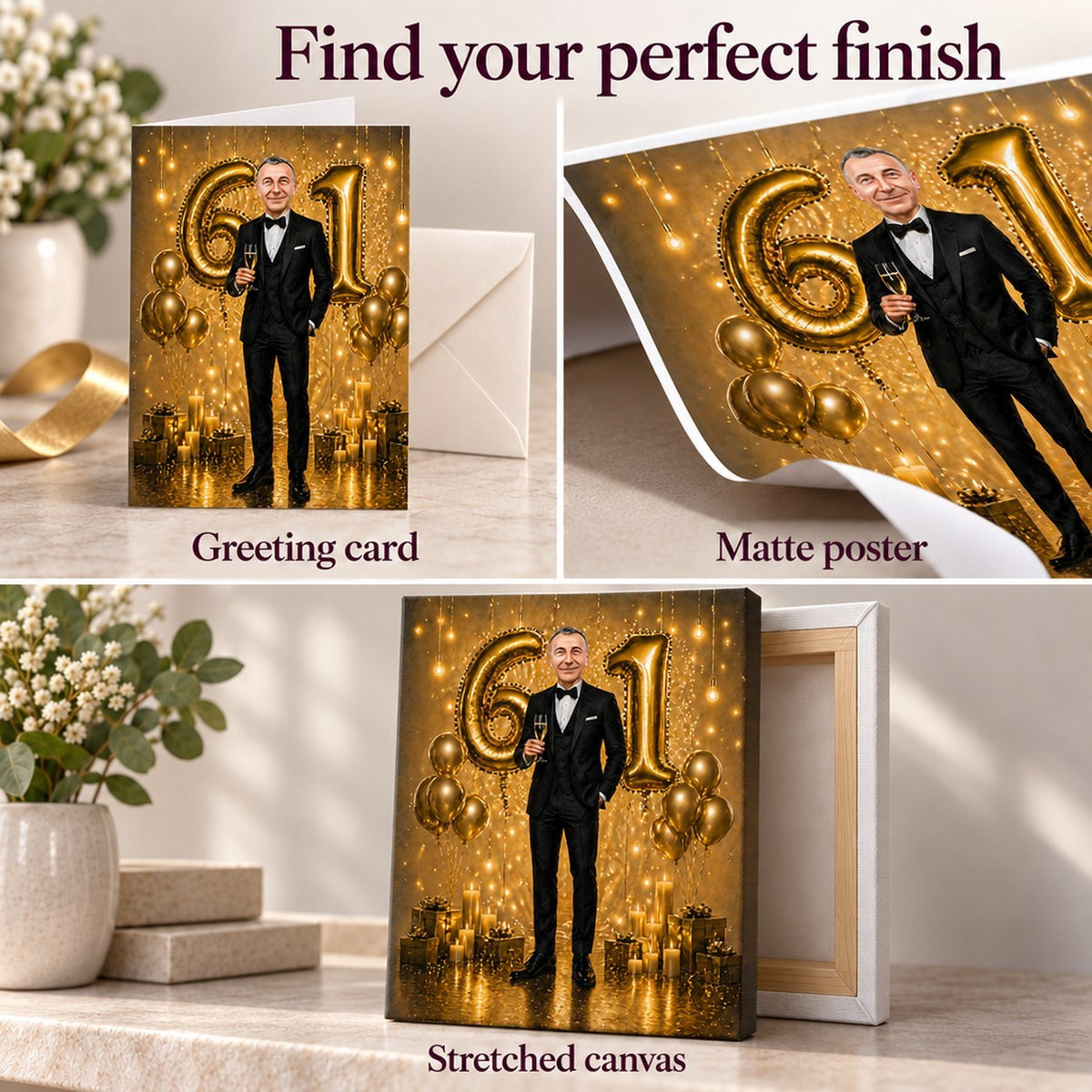 Card, matte poster, and stretched canvas finishes of the black and gold caricature.
