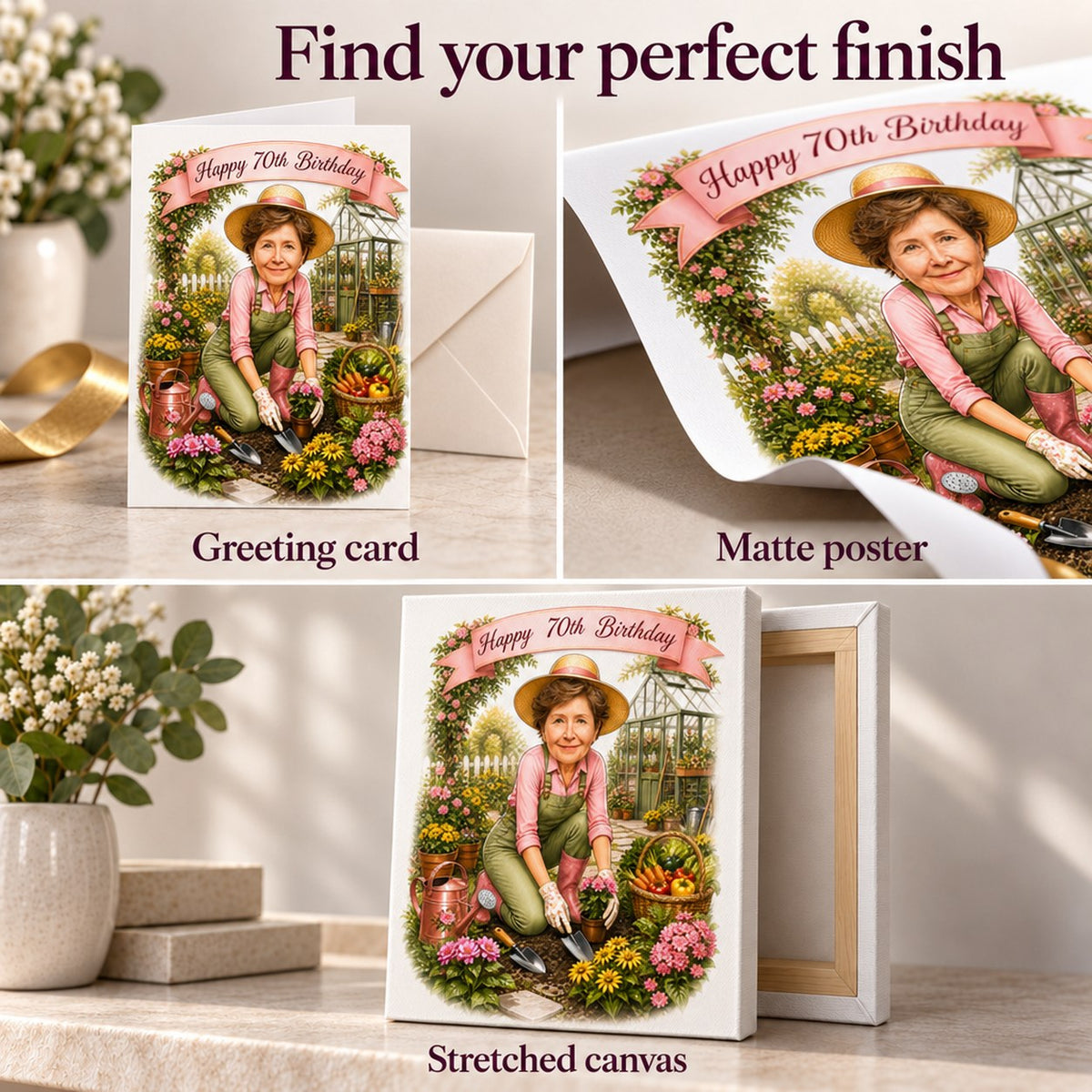 Matte poster texture, folded greeting card with envelope, and stretched canvas closeup