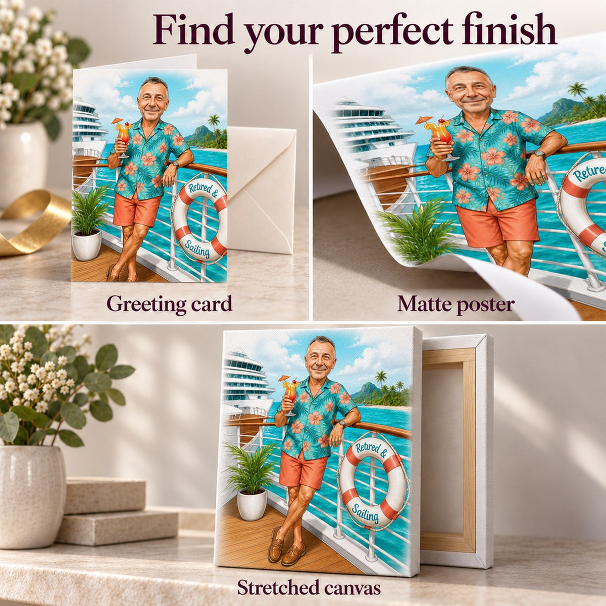 Greeting card, matte poster paper, and stretched canvas textures for the cruise scene.