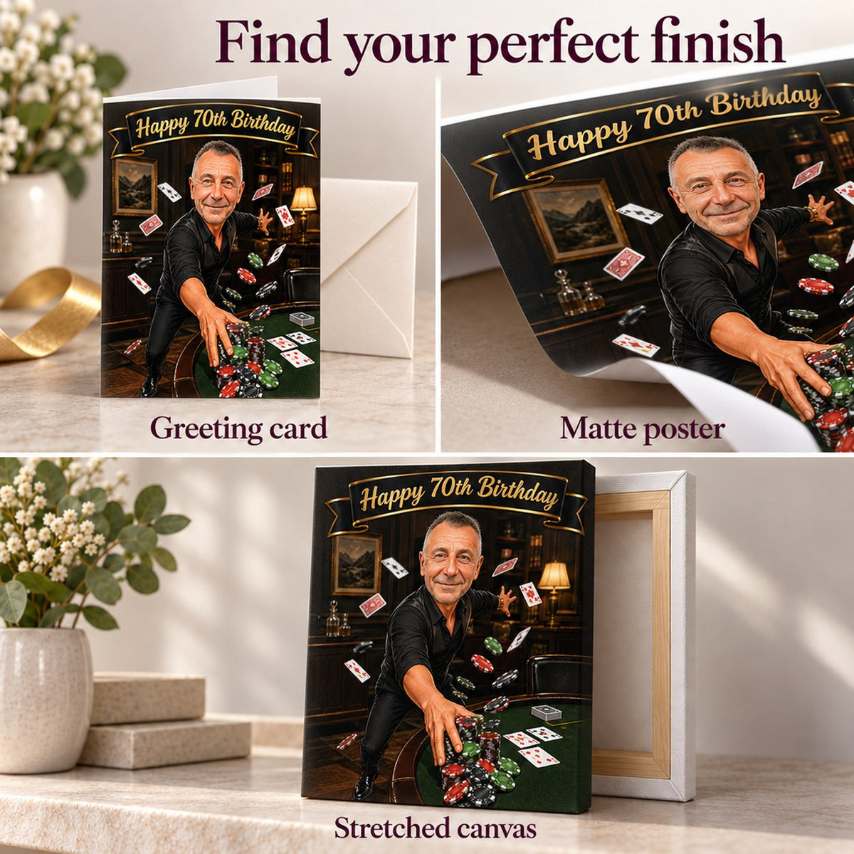 Greeting card, matte poster, and stretched canvas finish options for poker design