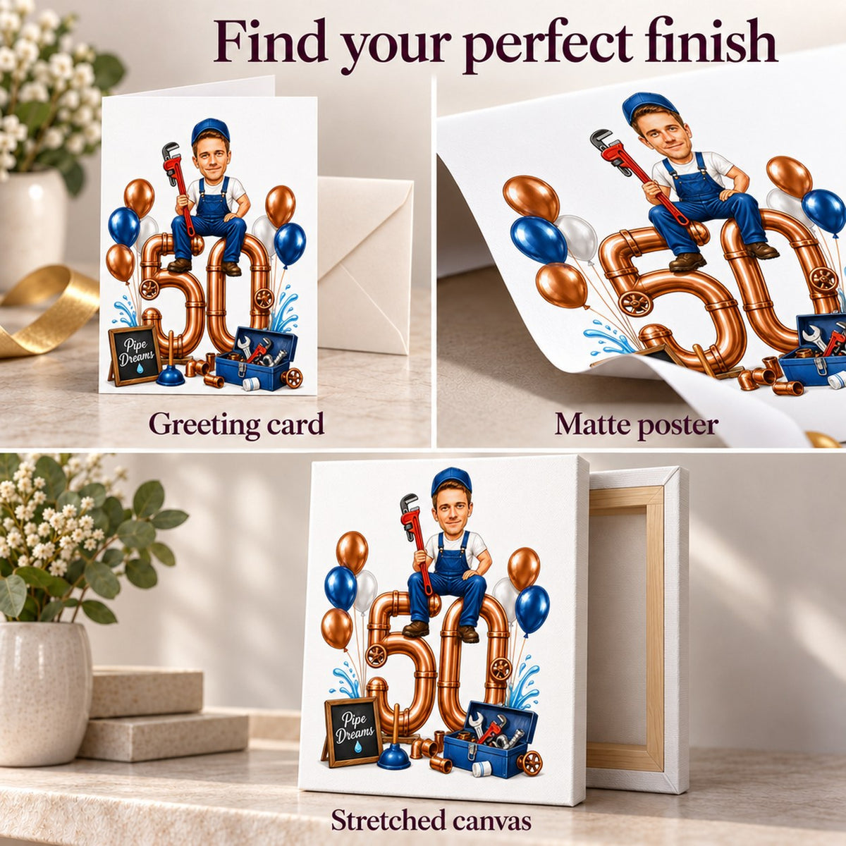 Matte poster, 5x7 greeting card, and ready-to-hang canvas print finishes