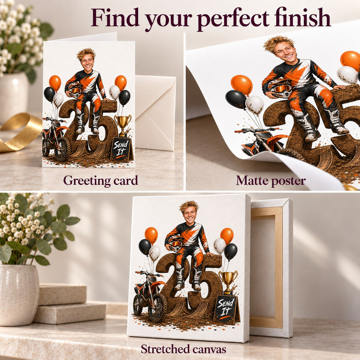 Card, matte poster, and stretched canvas finishes shown for the motocross birthday artwork.