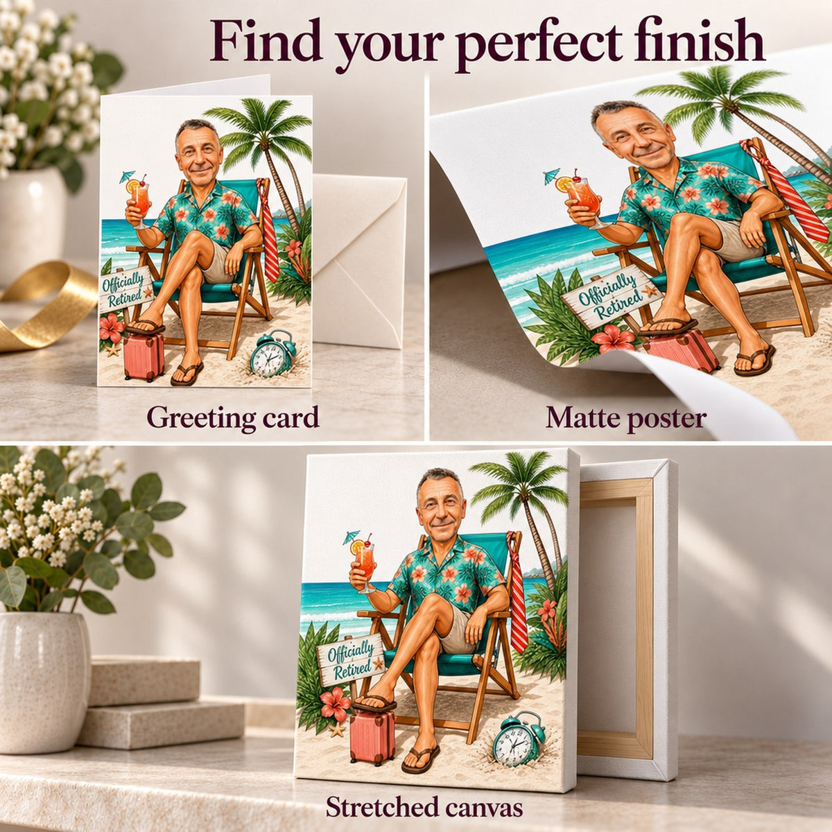 Close-up of greeting card, matte poster edges, and stretched canvas texture details.