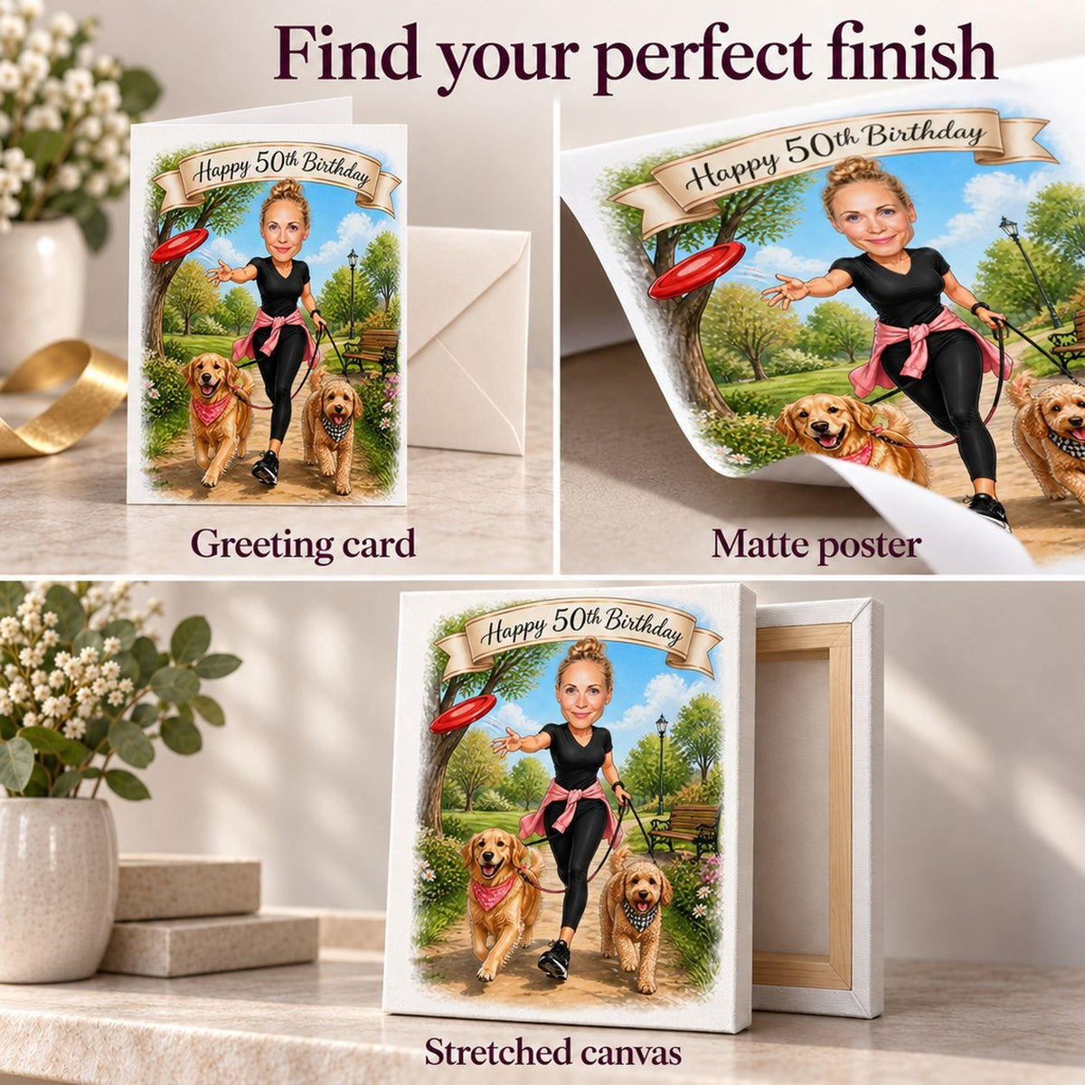 Closeups of greeting card, matte poster surface, and stretched canvas edges.