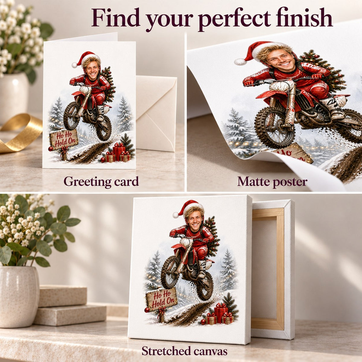 Available as greeting card, matte poster, or stretched canvas with vibrant festive colors.