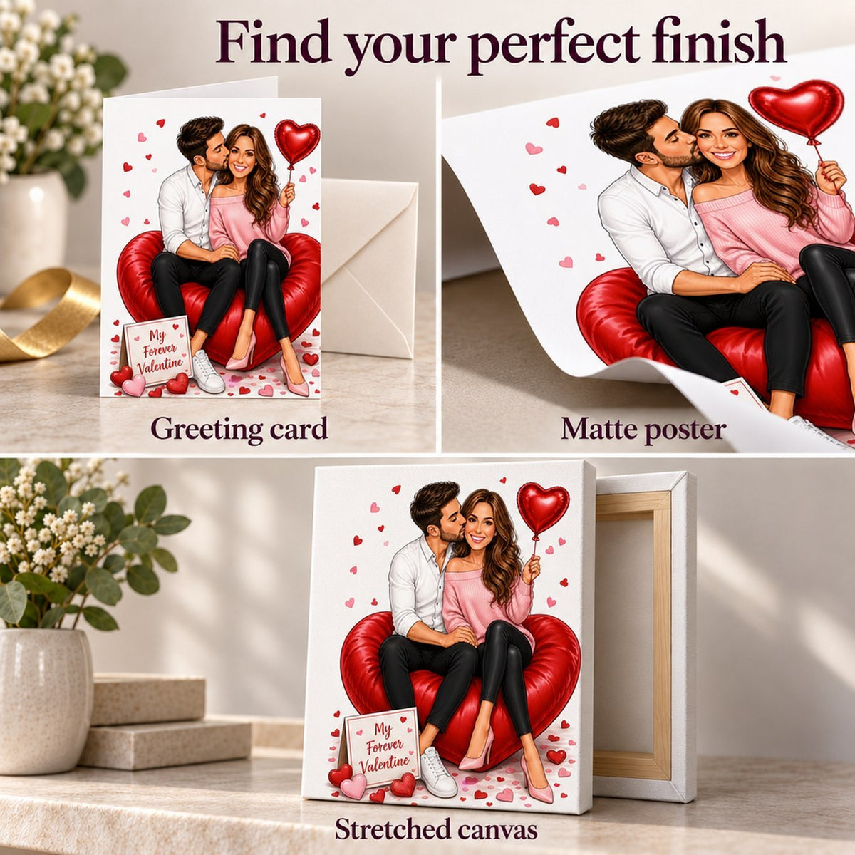 Greeting card, matte poster, and stretched canvas finishes shown up close.