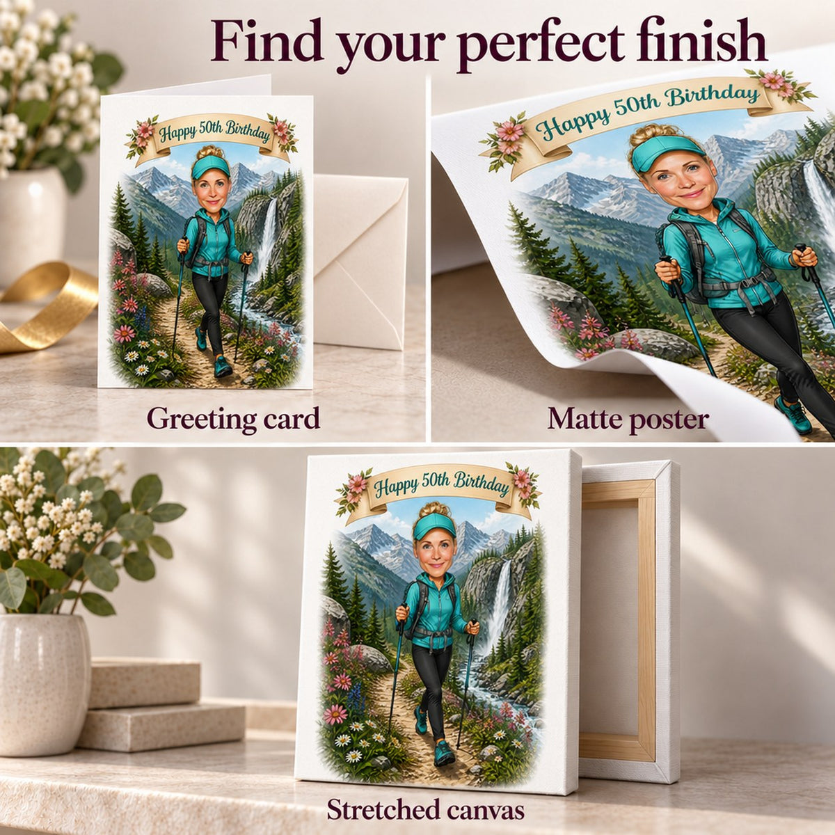 Greeting card, matte poster, and stretched canvas finishes for hiking caricature