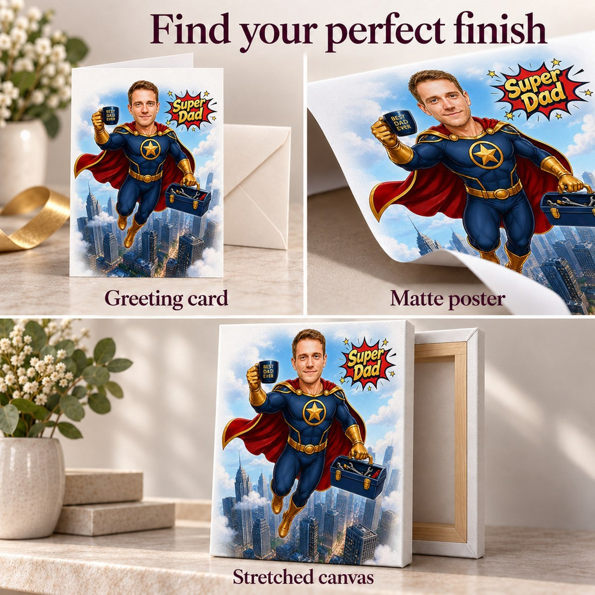Greeting card, matte poster, and stretched canvas finishes with vivid colors and details.
