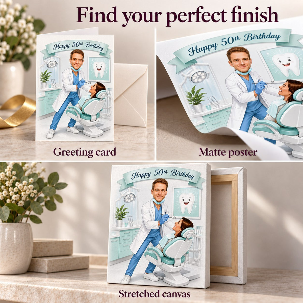 Matte poster, 5x7 greeting card with envelope, and stretched canvas textures.