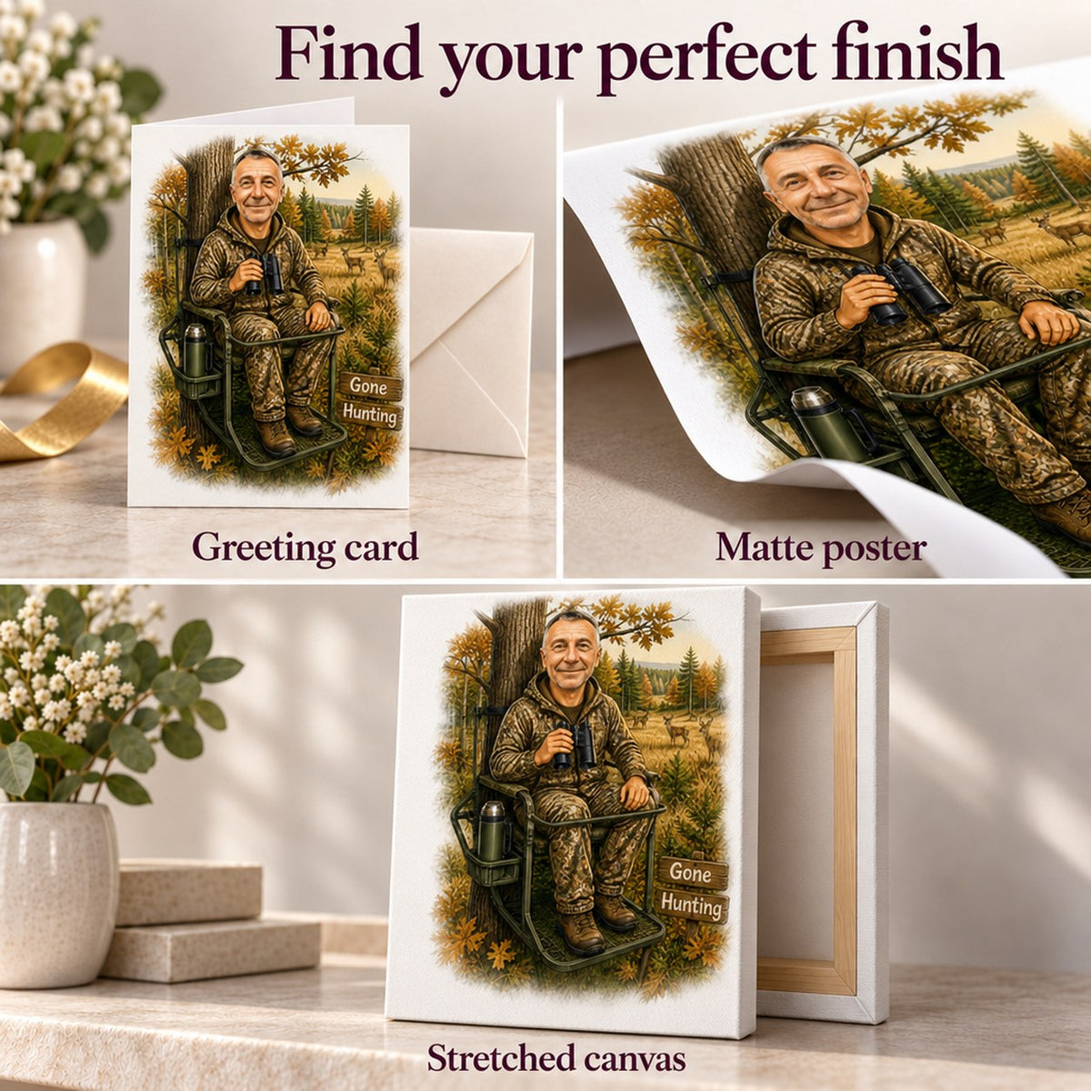 Close-up of 5x7 card, matte poster texture, and ready-to-hang stretched canvas.