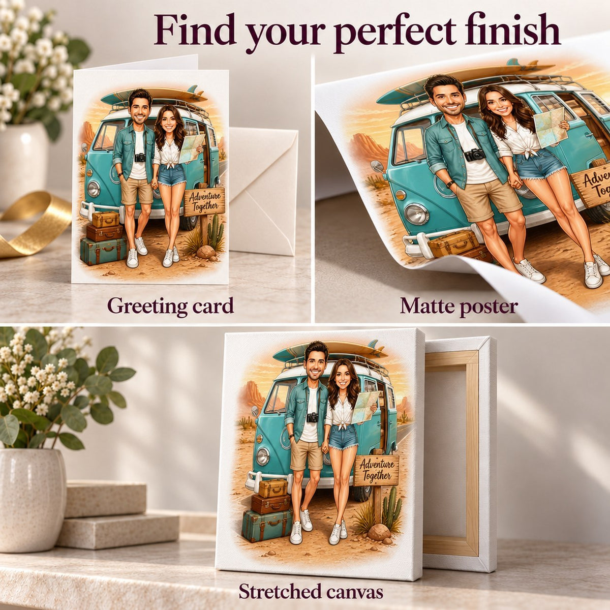 Closeups of matte poster surface, 5x7 greeting card, and stretched canvas texture.