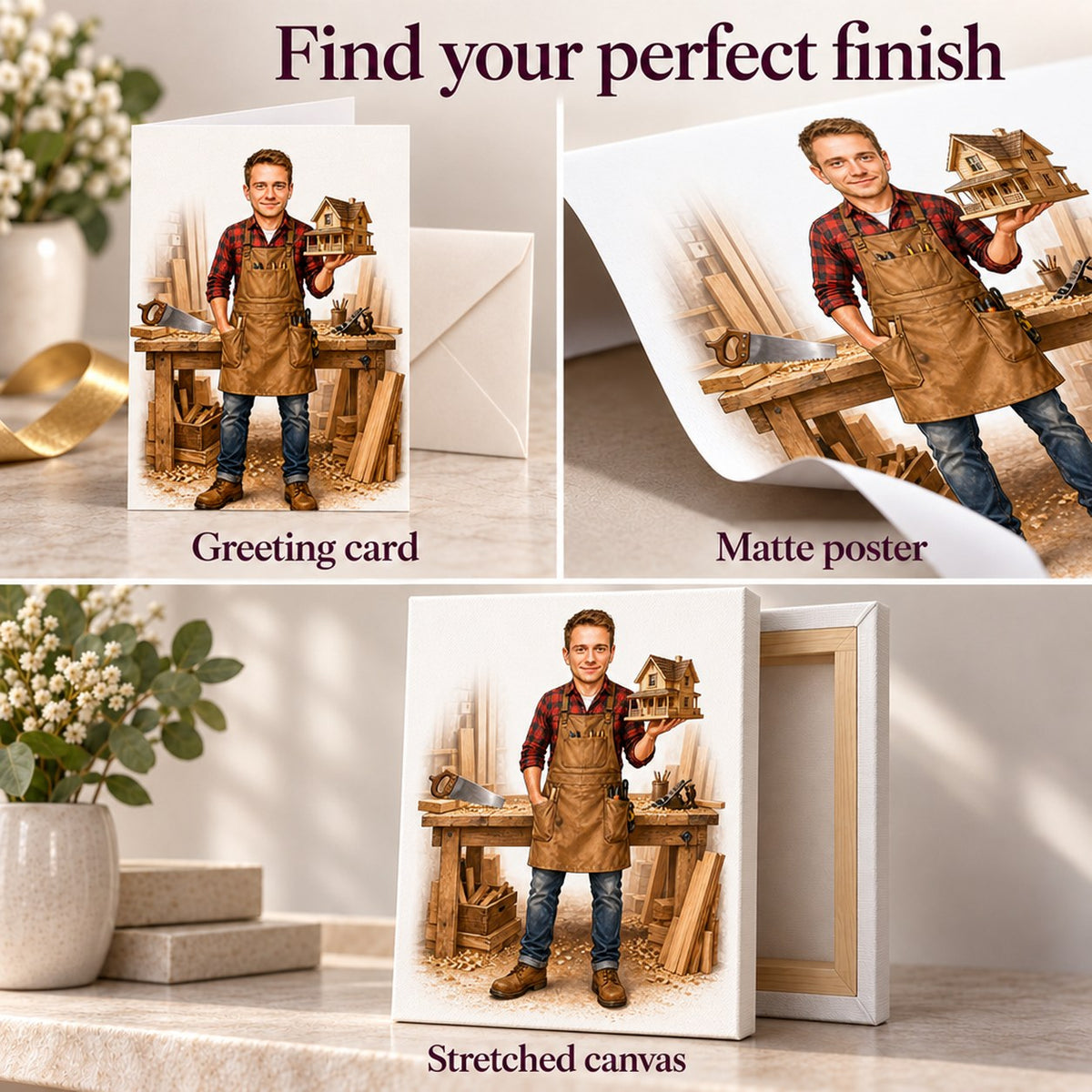 Closeup of greeting card, matte poster, and stretched canvas finishes for caricature.