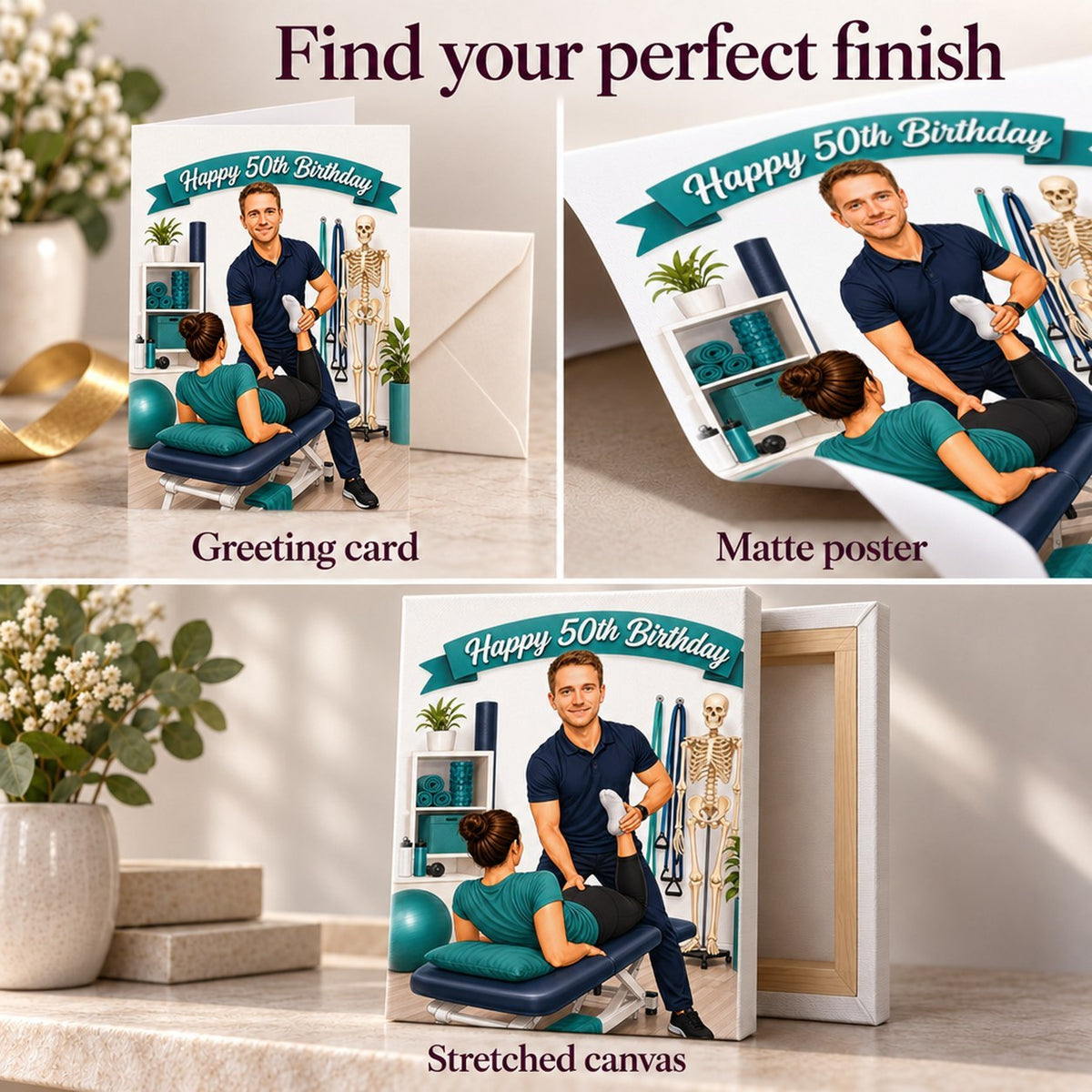 Greeting card, matte poster, and stretched canvas finishes for the physical therapist caricature.
