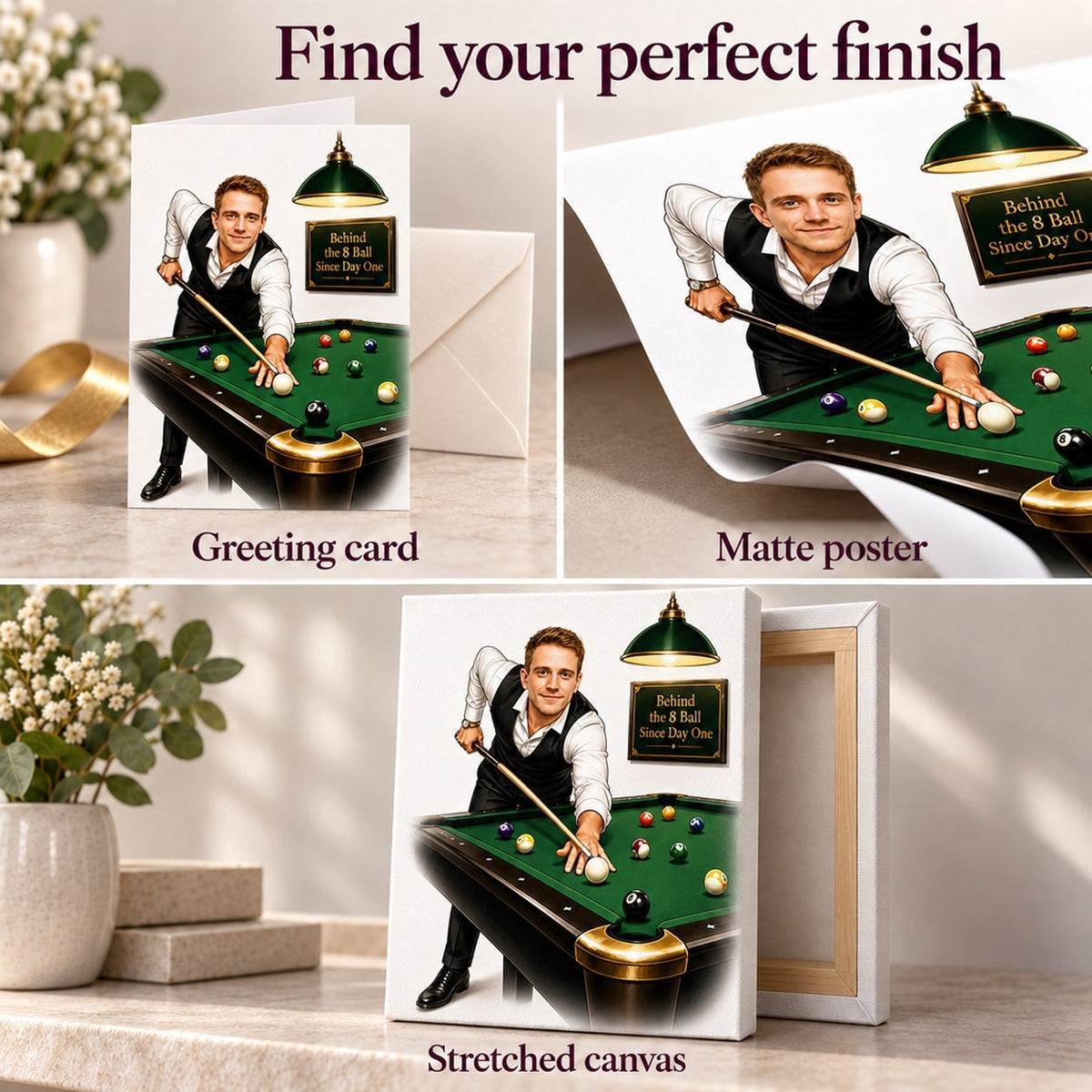 Greeting card, matte poster, and stretched canvas finishes shown side by side.