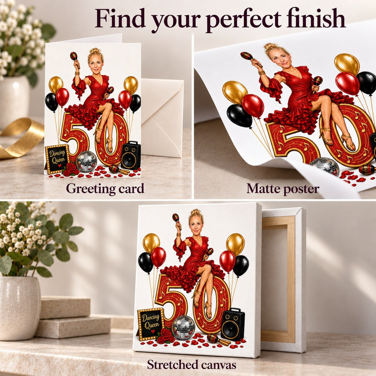 Greeting card, matte poster, and stretched canvas finish options displayed together.