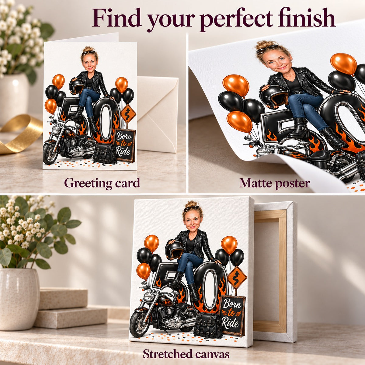 Matte poster, greeting card, and stretched canvas finish and edge details.
