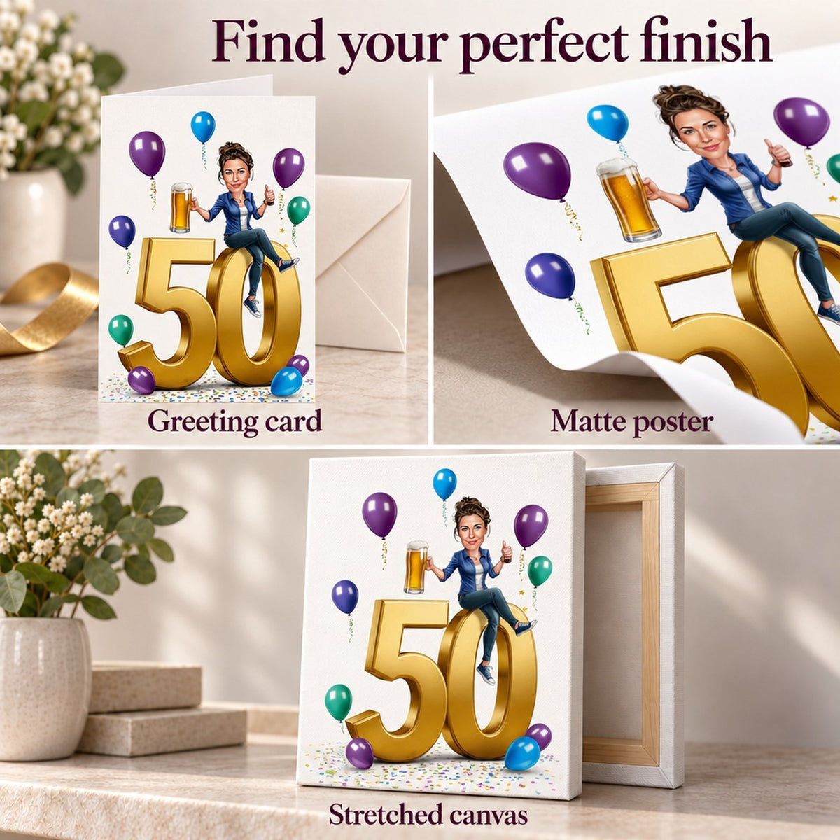 Close-ups of matte poster, 5x7 greeting card, and stretched canvas texture and edges.