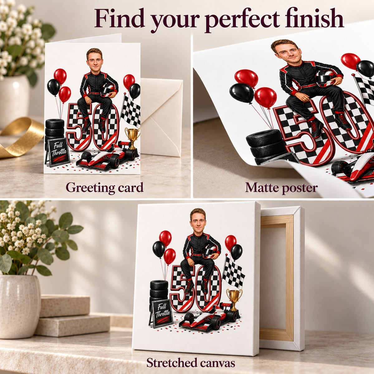 Close-up of greeting card, matte poster texture, and gallery-wrapped canvas edges of the racing caricature.