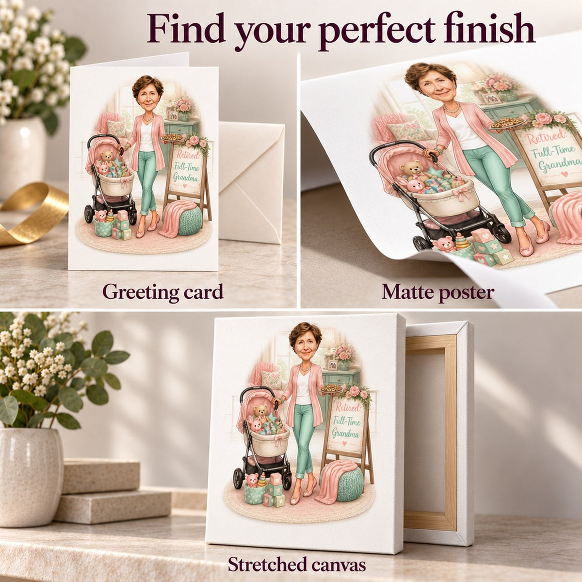 Matte poster, stretched canvas, and greeting card print finishes shown together.