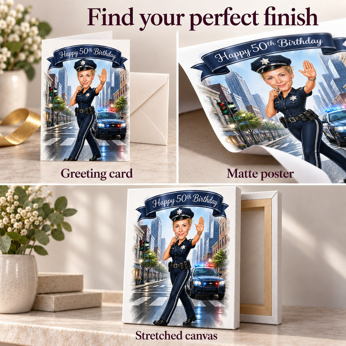 Matte poster, 5x7 greeting card, and stretched canvas finishes for personalized police design.