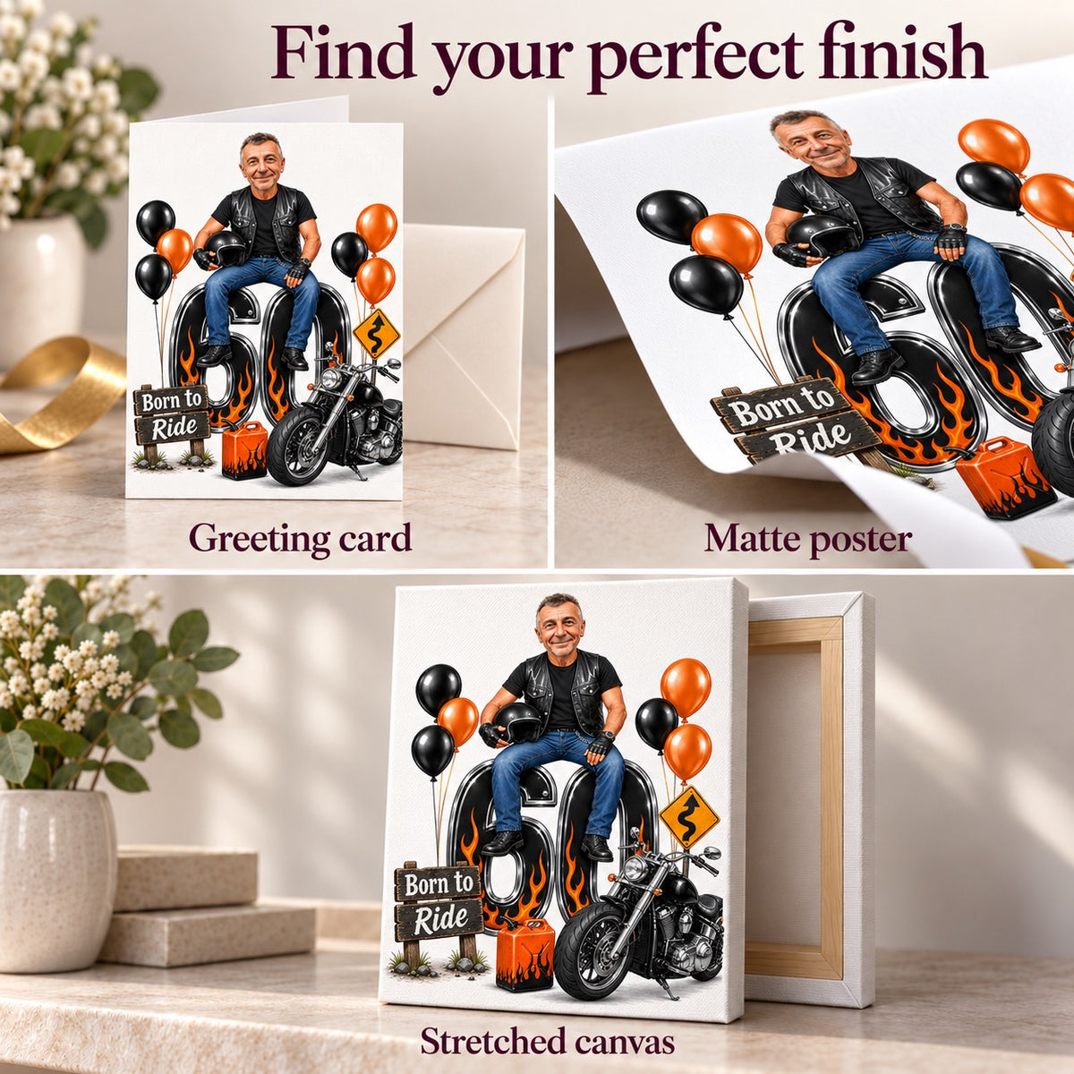 Matte poster, stretched canvas, and 5x7 greeting card with envelope finishes.