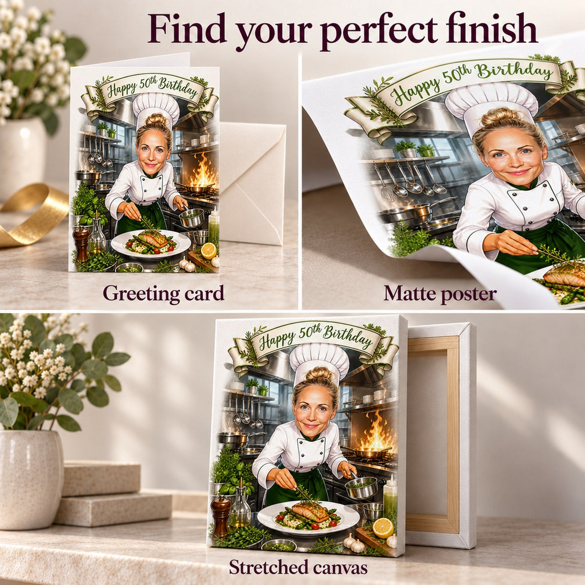 Matte poster texture, folded greeting card with envelope, and stretched canvas edges