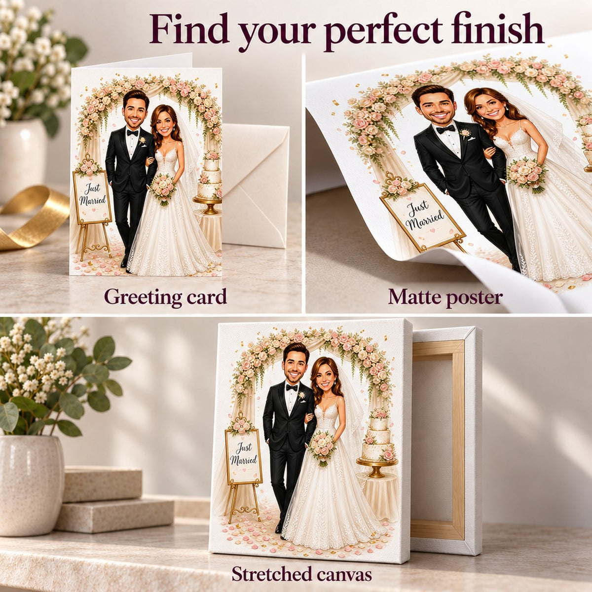 Closeups of greeting card, matte poster, and stretched canvas textures and edges