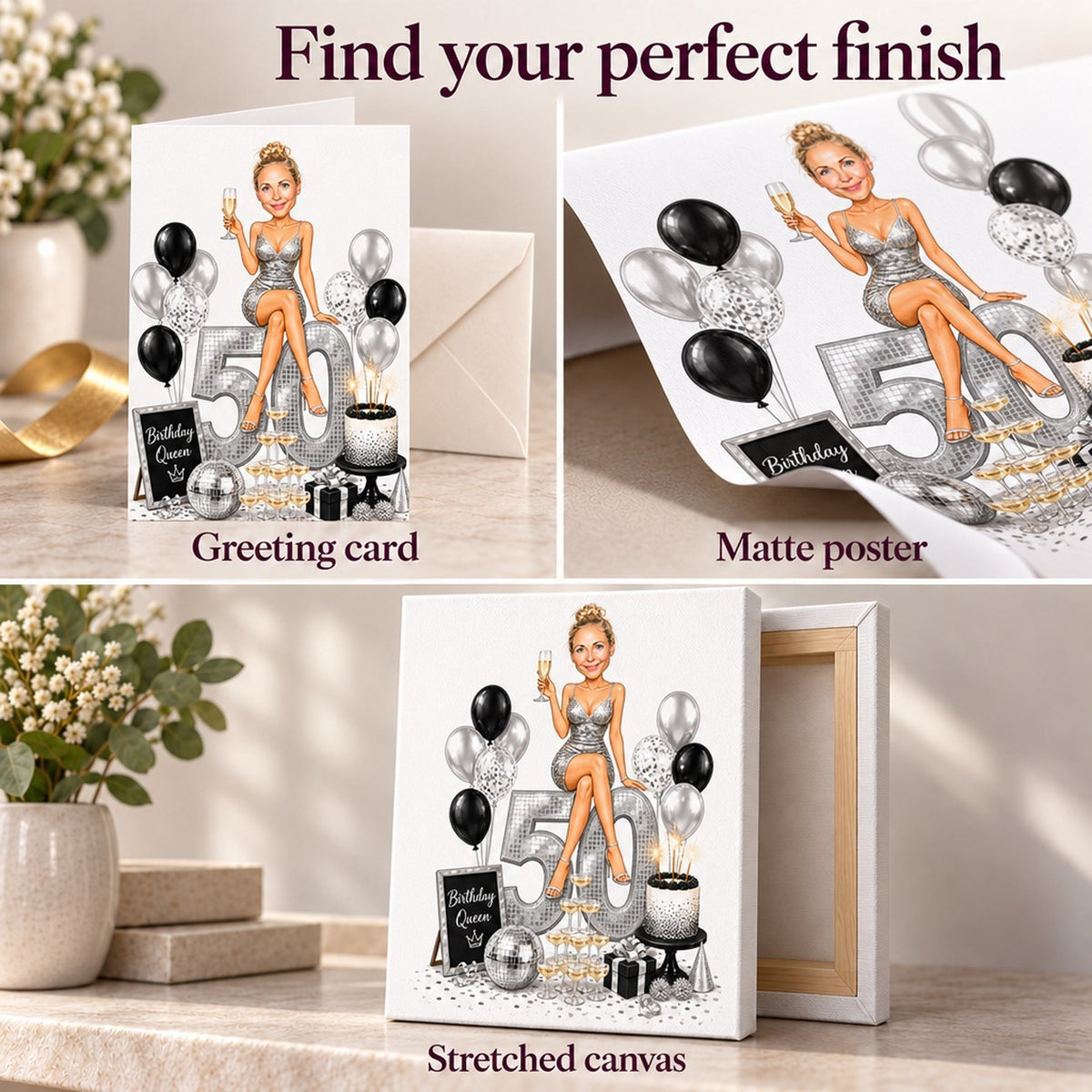 Close-up of greeting card, matte poster, and stretched canvas finishes.