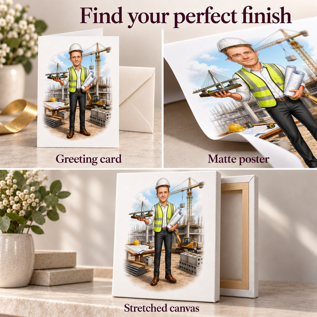 Greeting card, matte poster, and stretched canvas finish options for engineer design.