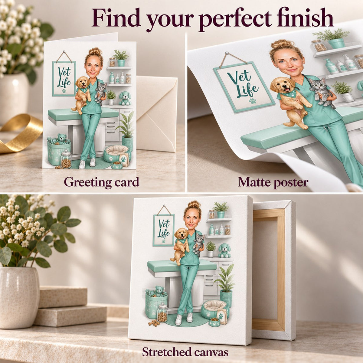 Greeting card, matte poster, and stretched canvas finishes shown with crisp detail and color.