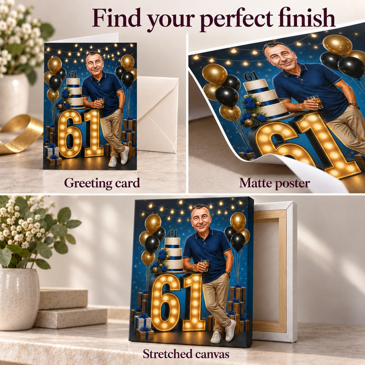 Greeting card, matte poster, and stretched canvas finishes in blue party theme.