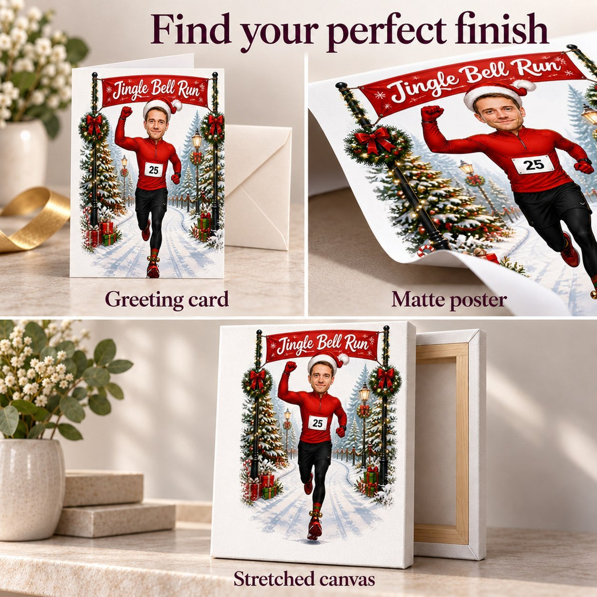 Matte poster, stretched canvas, and 5x7 greeting card with envelope finishes