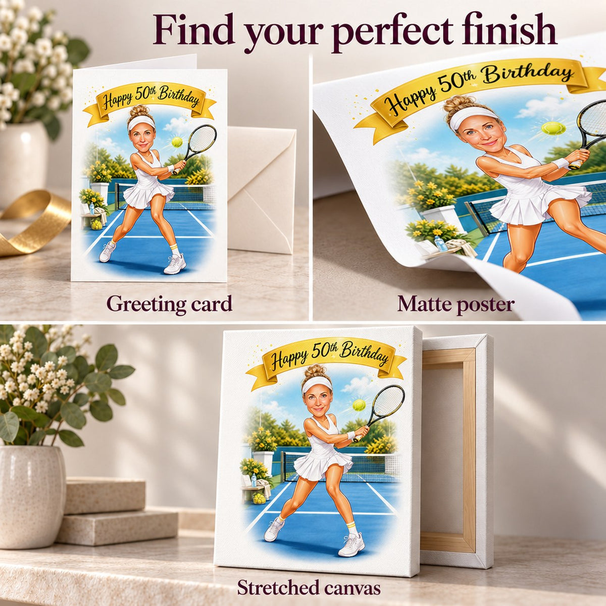 Greeting card, matte poster, and stretched canvas finish options for tennis caricature