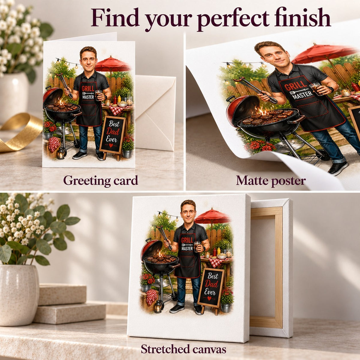 Greeting card, matte poster, and stretched canvas finishes of BBQ dad design