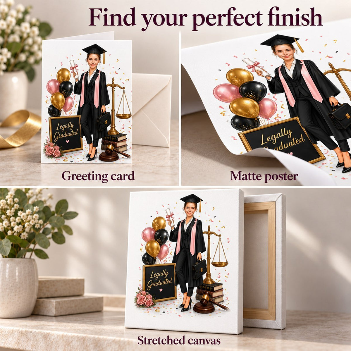 Closeups of greeting card, matte poster surface, and wrapped canvas edges.