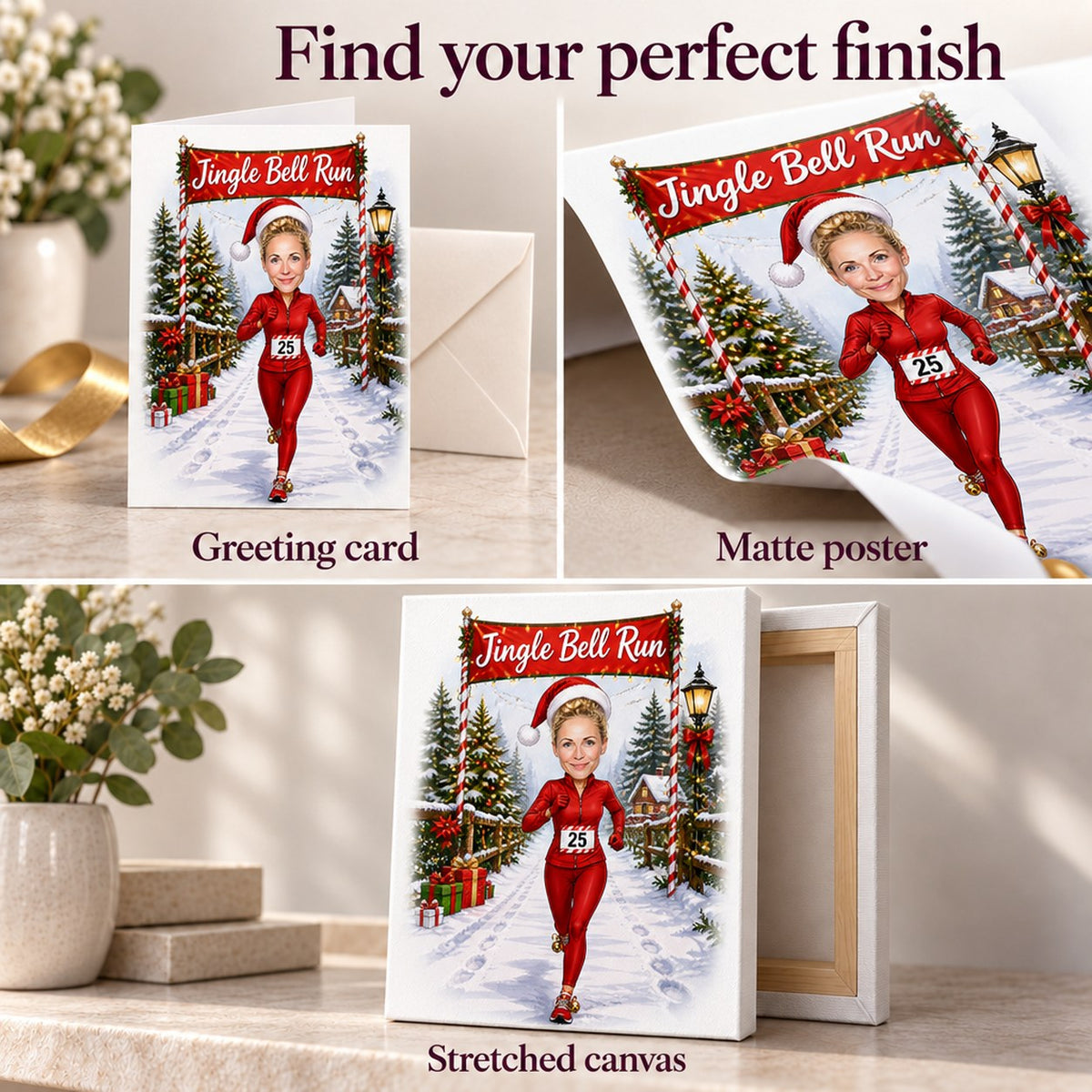 Greeting card, matte poster, and stretched canvas finishes of Christmas runner artwork.