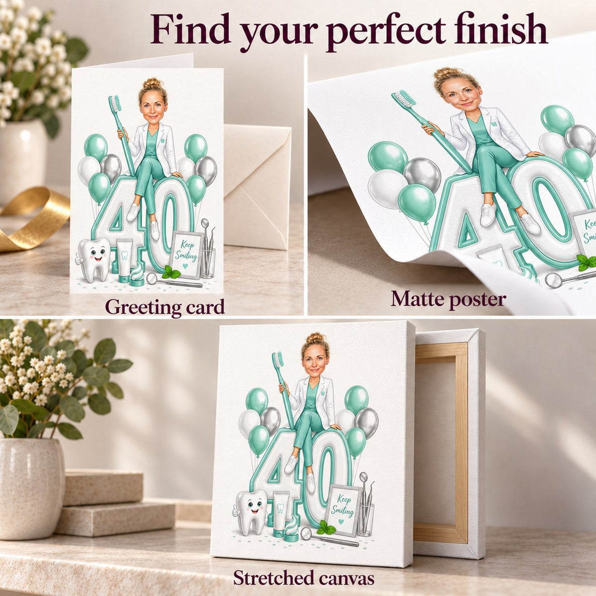 Matte poster, 5x7 greeting card with envelope, and stretched canvas finish closeups.
