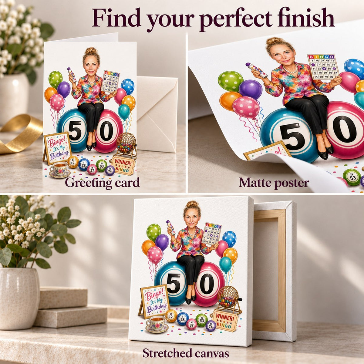 Close-up of matte poster texture, glossy greeting card, and gallery-wrapped canvas edges.