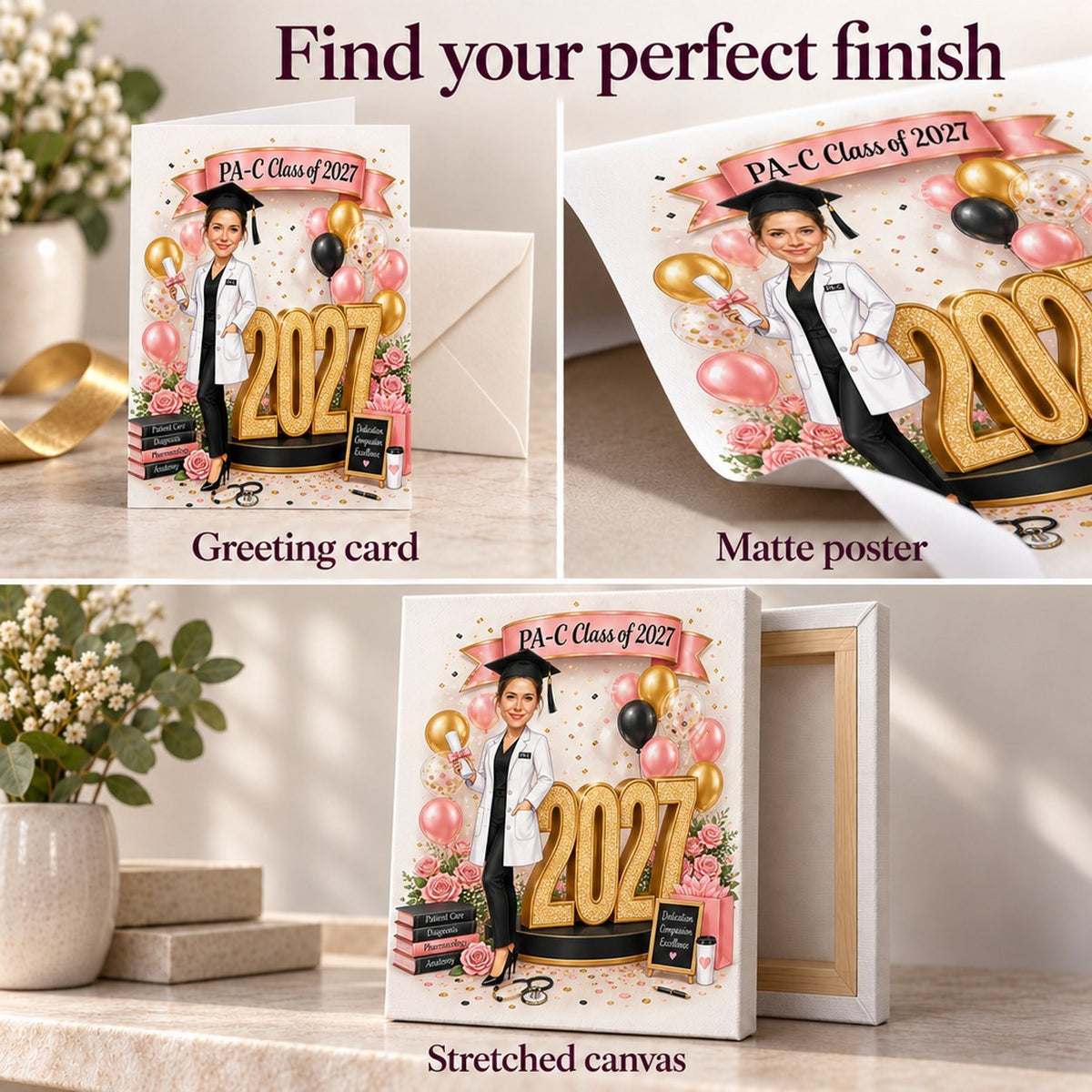 Greeting card, matte poster, and stretched canvas finishes with edges and texture details.