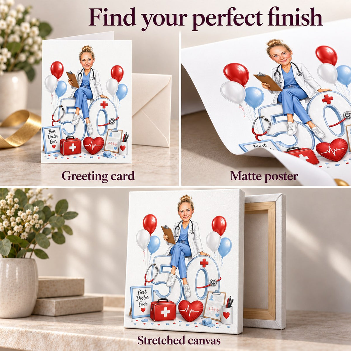 Matte poster, 5x7 greeting card, and stretched canvas with crisp illustrated details
