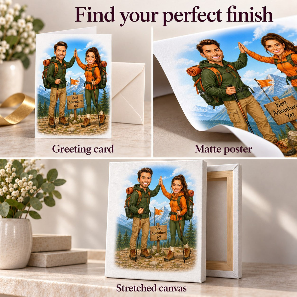 Matte poster, greeting card with envelope, and stretched canvas finishes shown close up.
