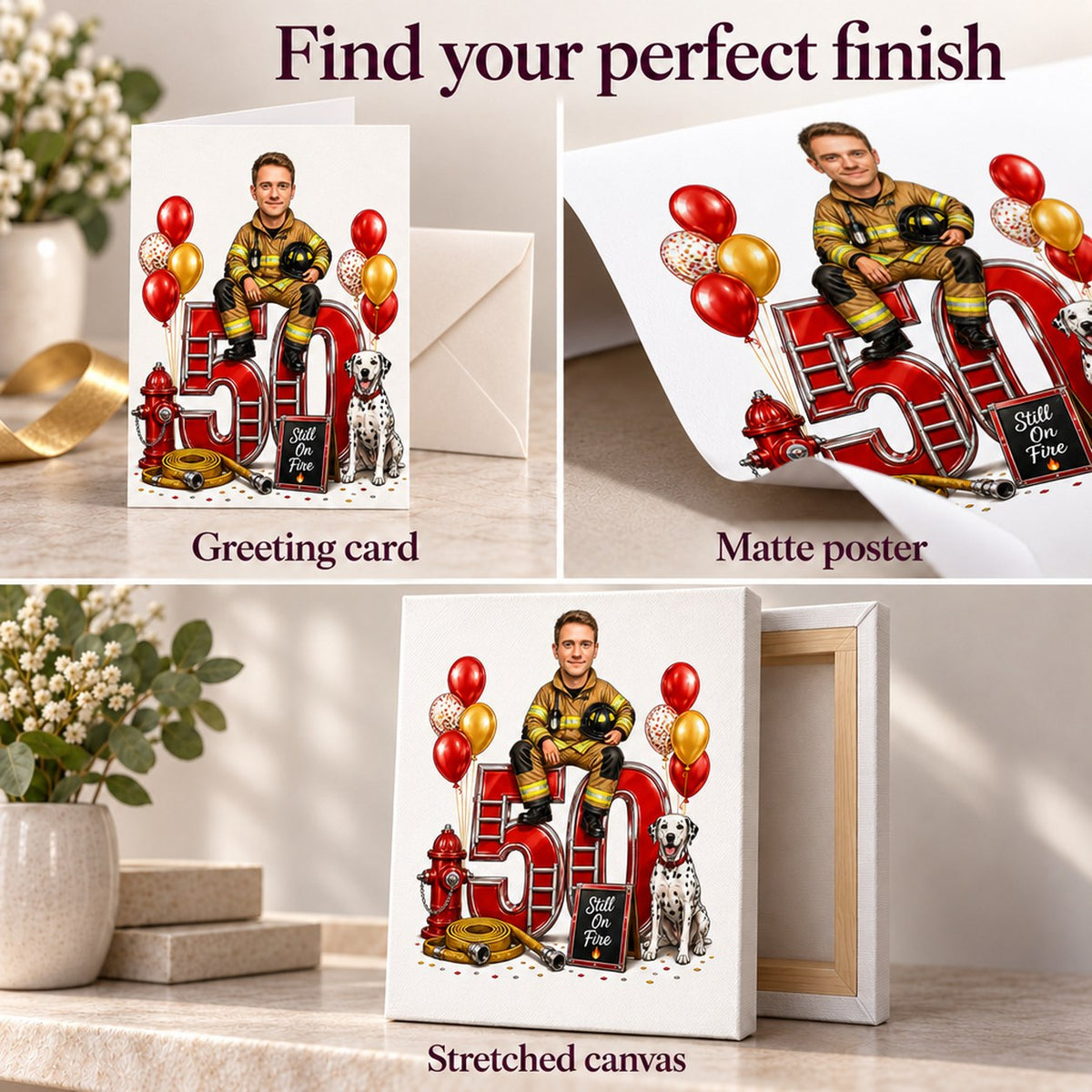 Greeting card, matte poster, and stretched canvas finishes shown side by side
