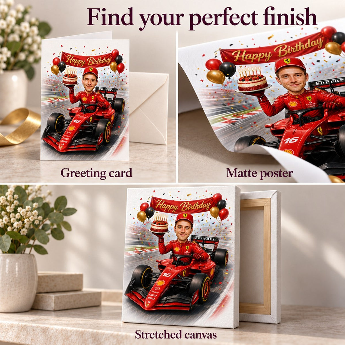 Closeups of greeting card, matte poster, and stretched canvas textures and edges.