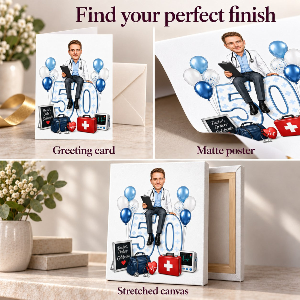 Matte poster, stretched canvas, and 5x7 greeting card with envelope shown.